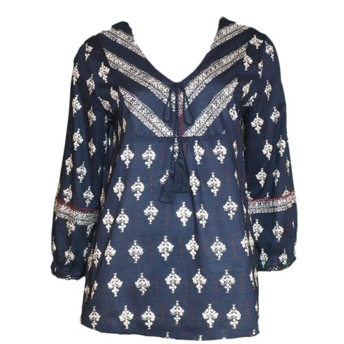 Tribal 3/4 Sleeve Blouse with Tassel Ink