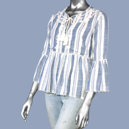 Tribal 3/4 Sleeve Embroidered Blouse- Ultramarine. Tribal Style: 6938O-4361-1272