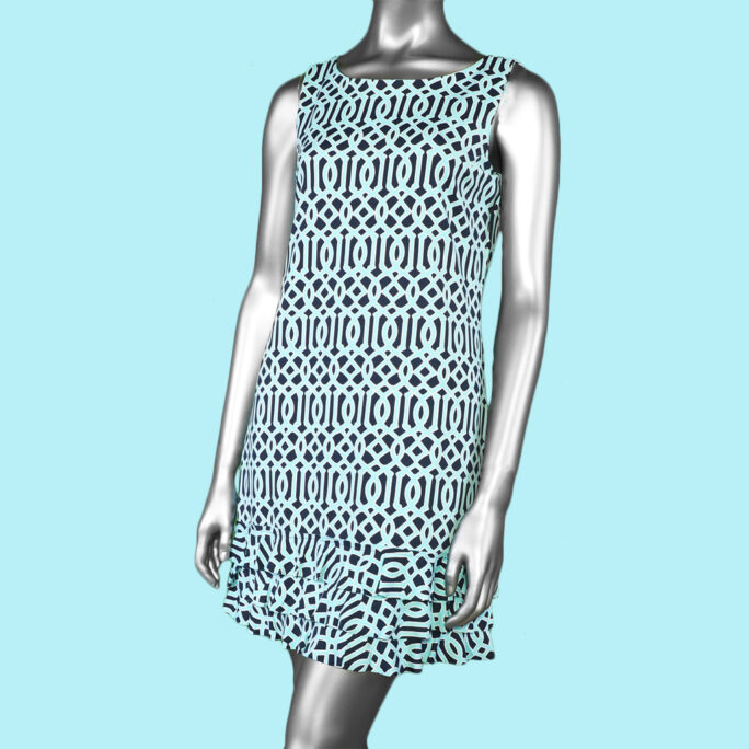 Lulu-B Ruffle Trim Sleeveless Dress-  Navy & Turquoise. Style: SPX4495P GWN 