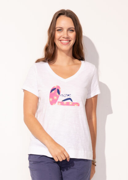 Escape Flip Flop V-Neck Tee- White .  Style: 40200 WHT