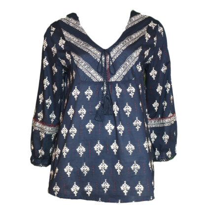 Tribal 3/4-Sleeve Blouse with Tassel Ink