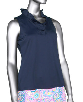 Lulu-B Ruffle Neck Sleeveless Top- Navy . Style: SPX0753S Navy.