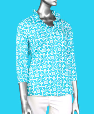 Lulu-B Ruffled Neck Top- Tahitian Turquoise .  Style: SPX0792P GFNT .