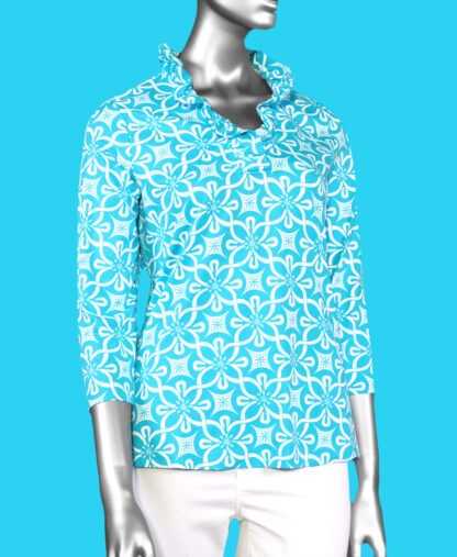 Lulu-B Ruffled Neck Top- Tahitian Turquoise .  Style: SPX0792P GFNT .