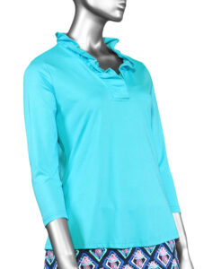 Lulu-B Ruffled Neck Top- Clear Turquoise . Style: SPX0792S TQCL .