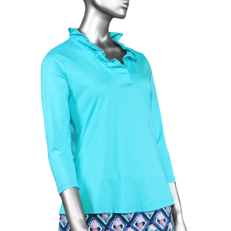Lulu-B Ruffled Neck Top- Clear Turquoise . Style: SPX0792S TQCL .