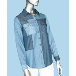 Tribal Patchwork Denim Shirt- Multi Blue . Tribal Style: 77440-4764-2923
