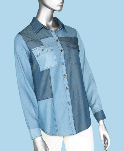 Tribal Patchwork Denim Shirt- Multi Blue . Tribal Style: 77440-4764-2923