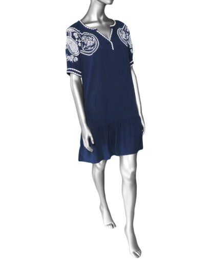 Tribal Elbow Sleeve Dress with Embroidery- Jet Blue .  Tribal Style: 897O-3951-3068