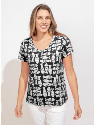 Escape Fish Print Cotton Slub V-Neck Tee Shirt- Black . Escape Style: 10100 BLK