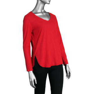 Tribal V-Neck Top with Curved Hem- Scarlet . Tribal Style: 1933O-8036-1034
