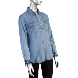 Charlie B Embroidery Cuff Shirt- Denim . Charlie B Style: C4549/249B