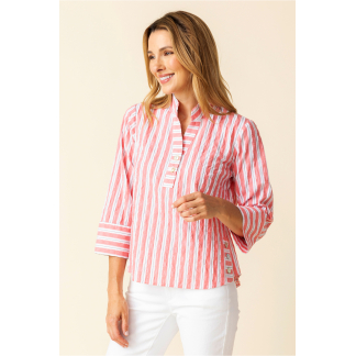 Habitat Palm Beach Stripe 1/2 Placket Pullover- Papaya . Habitat Style: 11944 Papaya