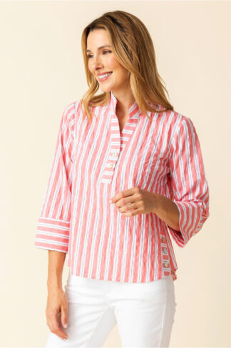 Habitat Palm Beach Stripe 1/2 Placket Pullover- Papaya . Habitat Style: 11944 Papaya