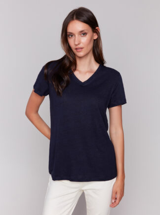 Charlie B Short Sleeve V-Neck Linen Tee- Navy . Charlie B Style: C1231TPK-291C-117