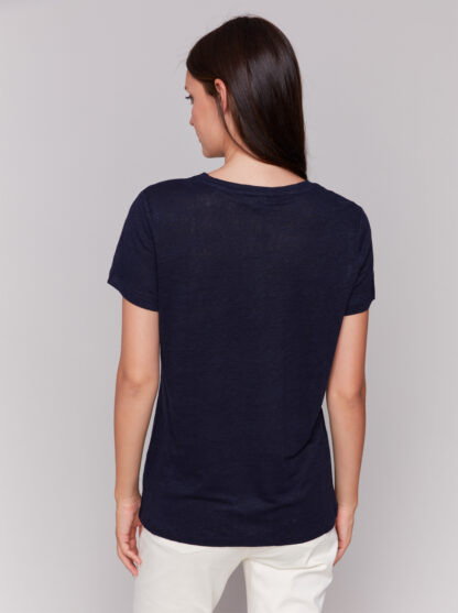 Charlie B Short Sleeve V-Neck Linen Tee- Navy . Charlie B Style: C1231TPK-291C-117 Back