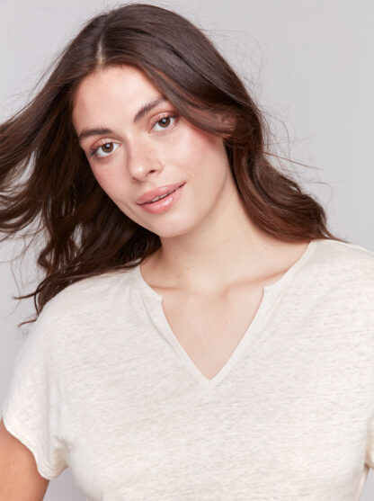 Charlie B Split Neck Dolman Top- Champagne . Charlie B Style: C1396PK-253C-249 Split Neck