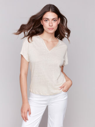 Charlie B Split Neck Dolman Top- Champagne . Charlie B Style: C1396PK-253C-249
