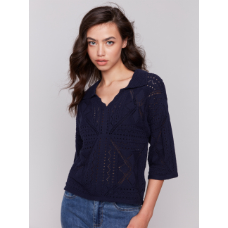 Charlie B Pointelle Design Sweater- Navy . Charlie B Style: C2783-165C-117