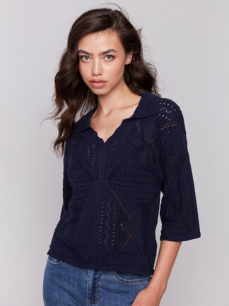 Charlie B Pointelle Design Sweater- Navy . Charlie B Style: C2783-165C-117