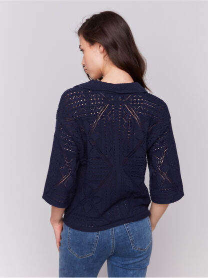 Charlie B Pointelle Design Sweater- Navy . Charlie B Style: C2783-165C-117 Back