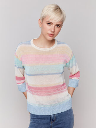 Charlie B- 3/4 Sleeve Crew Neck Sweater- Pastel . Charlie B Style: C2787-184C-P328