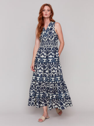 Charlie B Printed V-Neck Dress With Tiers- Navy . Charlie B Style: C3186P-802B-P117
