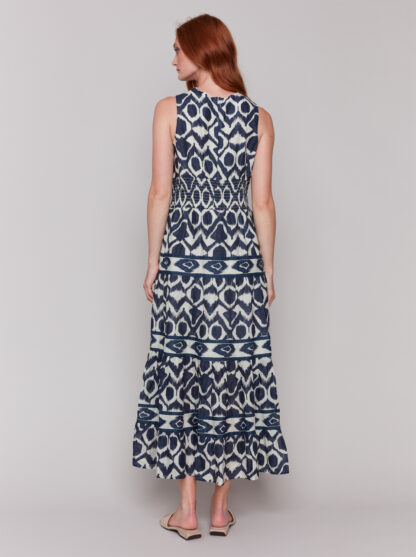 Charlie B Printed V-Neck Dress With Tiers- Navy . Charlie B Style: C3186P-802B-P117 Back