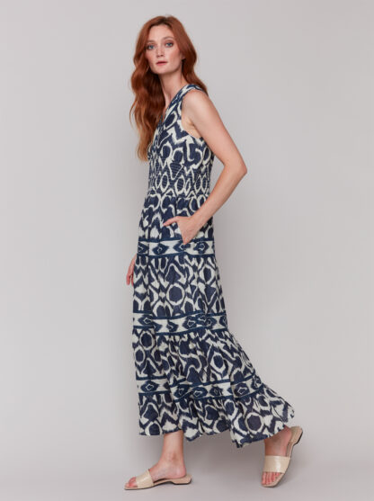 Charlie B Printed V-Neck Dress With Tiers- Navy . Charlie B Style: C3186P-802B-P117 Side