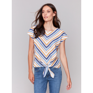 Charlie B Striped Cap Sleeve Round Neck Tie Front Top- Denim . Charlie B Style: C4271-176C-P006