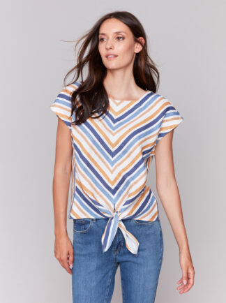 Charlie B Striped Cap Sleeve Round Neck Tie Front Top- Denim . Charlie B Style: C4271-176C-P006