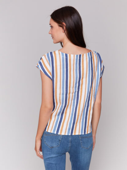 Charlie B Striped Cap Sleeve Round Neck Tie Front Top- Denim . Charlie B Style: C4271-176C-P006 Back