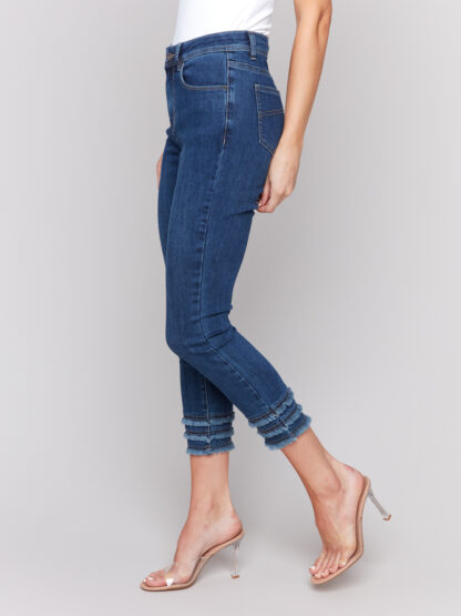 Charlie B - Frayed Hem Ankle Leg Pant- Indigo . Catalog # C5147T-431A. Side