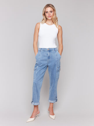 Charlie B Safari Cargo Canvas Pant- Chambray . Charlie B Style: C5492-911B-198