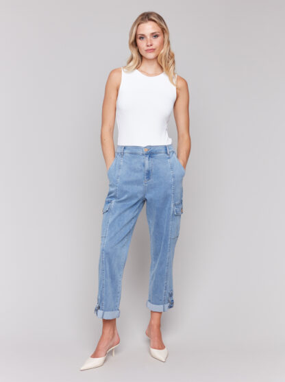 Charlie B Safari Cargo Canvas Pant- Chambray . Charlie B Style: C5492-911B-198