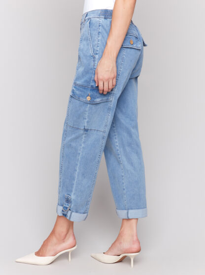Charlie B Safari Cargo Canvas Pant- Chambray . Charlie B Style: C5492-911B-198 Side