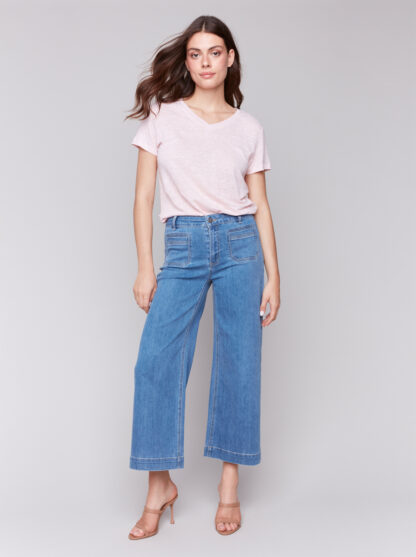 Charlie B Cropped Flare Leg Pocket Pant- Blue Jean . Charlie B Style: C5538r-431a-538 Full