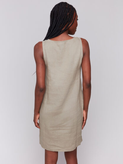Charlie B Crew Neck Linen Dress- Celadon . Charlie B Style: C3204S-229B-375 Back