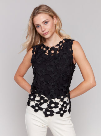 Charlie B Crochet Crew Neck Top- Black . Charlie B Style: C4566-135C-001