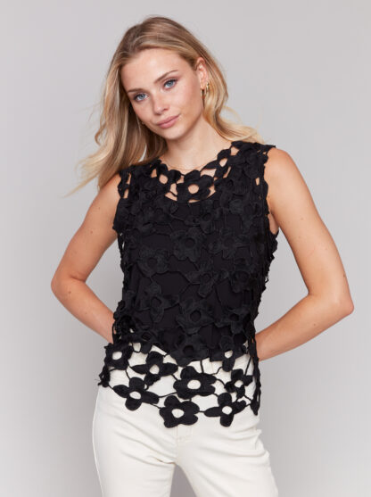 Charlie B Crochet Crew Neck Top- Black . Charlie B Style: C4566-135C-001