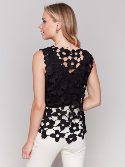 Charlie B Crochet Crew Neck Top- Black . Charlie B Style: C4566-135C-001 Rear