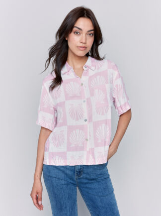 Charlie B Woven Blouse- Shell . Charlie B Style: C4614-787A-P408