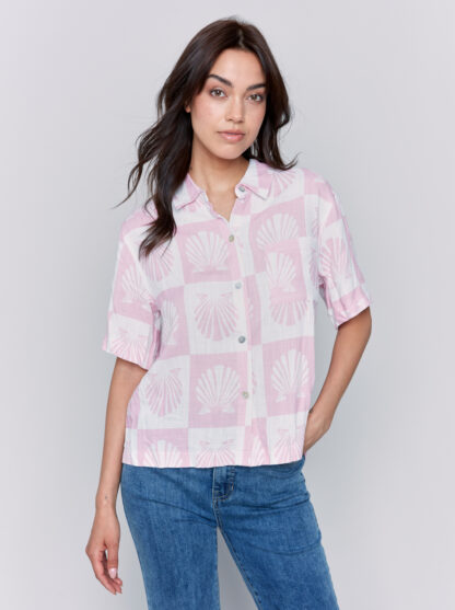 Charlie B Woven Blouse- Shell . Charlie B Style: C4614-787A-P408