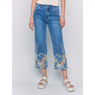 Charlie B Flare Leg Pant with Laser Cut Lace Bottom- Medium Blue . Charlie B Style: C5648-431A-156