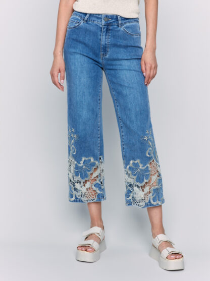 Charlie B Flare Leg Pant with Laser Cut Lace Bottom- Medium Blue . Charlie B Style: C5648-431A-156