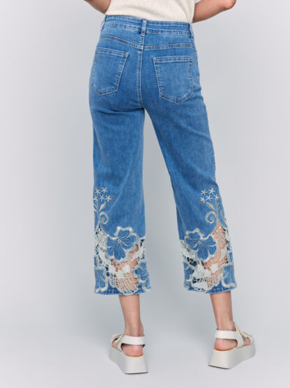 Charlie B Flare Leg Pant with Laser Cut Lace Bottom- Medium Blue . Charlie B Style: C5648-431A-156 Rear