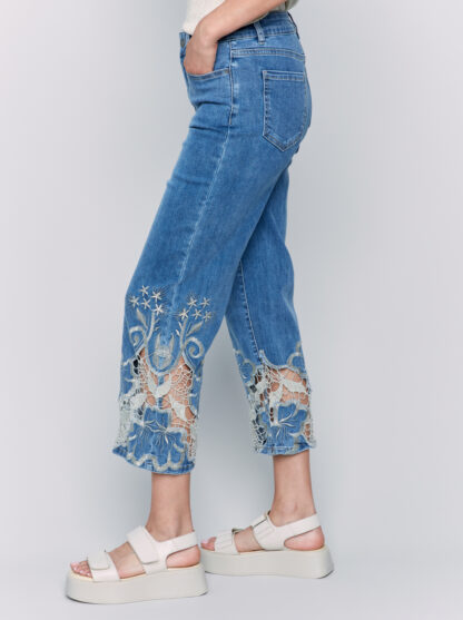 Charlie B Flare Leg Pant with Laser Cut Lace Bottom- Medium Blue . Charlie B Style: C5648-431A-156 Side