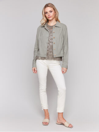 Charlie B- Button Front Jacket- Celadon . Charlie B Style: C6199Y-229B-375