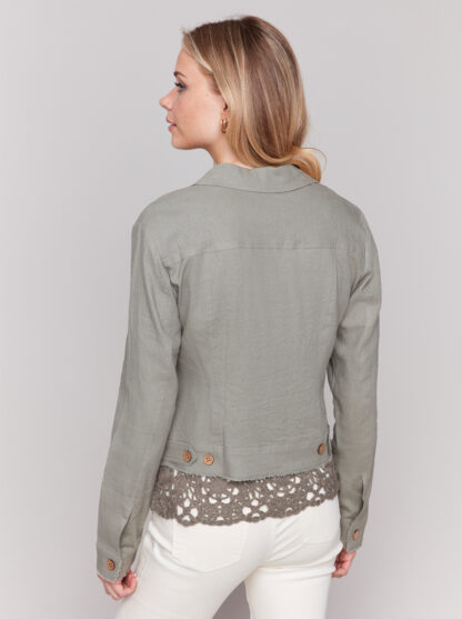 Charlie B- Button Front Jacket- Celadon . Charlie B Style: C6199Y-229B-375 Rear