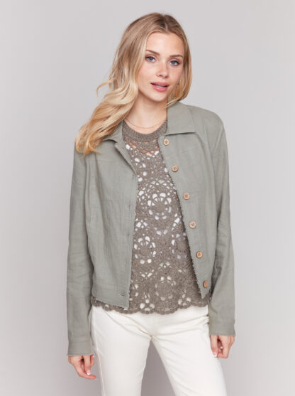 Charlie B- Button Front Jacket- Celadon . Charlie B Style: C6199Y-229B-375